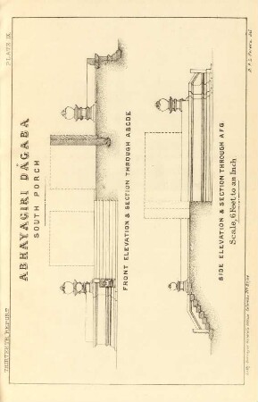 Plate IX. Abhayagiri Dágaba. South porch. Front elevation & section through A. B. C. D. D. E. Side elevation & aection through A. F. G.