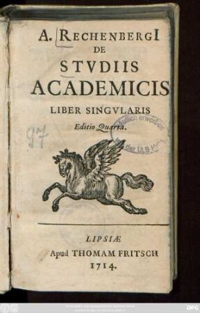 A. Rechenbergi[i] De Stvdiis Academicis : Liber Singvlaris