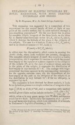 Expansion of elliptic integrals by zonal harmonics, with some derived integrals and series.