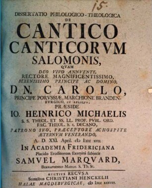 Dissertatio Philologico-Theologica De Cantico Canticorvm Salomonis