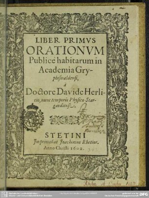 Liber primum orationum : publice habitarum in academia Gryphiswaldensi