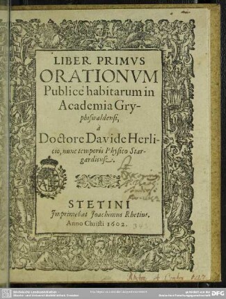 Liber primum orationum : publice habitarum in academia Gryphiswaldensi