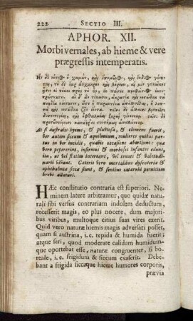 Aphor. XII. Morbivernales, ab hieme & vere prægressis intemperatis. - Aphor. XXIV. De morbis infantum recens natorum, lactentium.