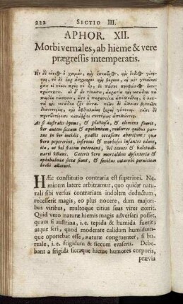 Aphor. XII. Morbivernales, ab hieme & vere prægressis intemperatis. - Aphor. XXIV. De morbis infantum recens natorum, lactentium.