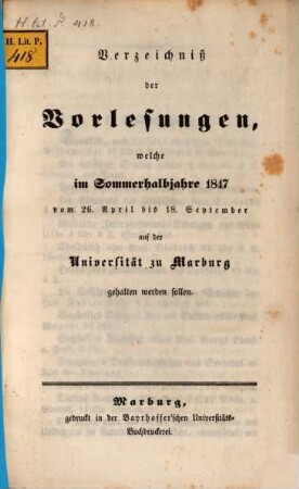 Verzeichnis der Vorlesungen. 1847, 1847. SH.