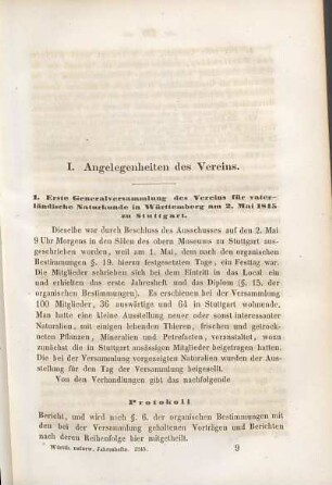 Erste Generalversammlung des Vereins für vaterländische Naturkunde in Württemberg am 2. Mai 1845 zu Stuttgart