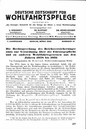 Die Rechtsprechung des Reichsversicherungsamts zur Verordnung über die Fürsorgepflicht und zu anderen Wohlfahrtgesetzen aus den Jahren 1928 bis 1931