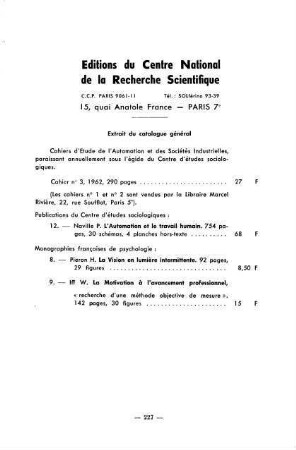 227, Editions du Centre National de la Recherche Scientifique