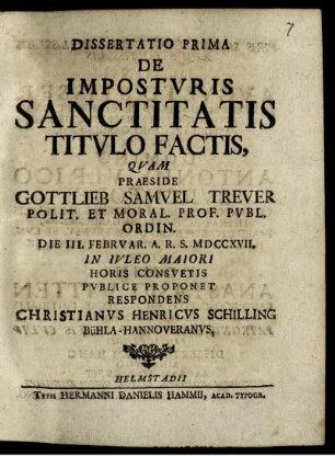 Dissertatio Prima De Imposturis Sanctitatis Titulo Factis