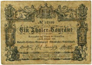 Geldschein, 1 Taler Courant, 20.2.1850