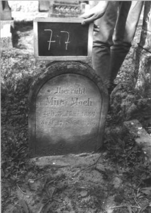 Grabstein 77 (Index: 100114064) Material: Sandstein Zustand: stark verwittert mit Textverlust Maße HxBxT: 44x37x12 cm Beschreibung: Stele, Rundbogenabschluß Besonderheit: Kindergrab: Grabstein 77