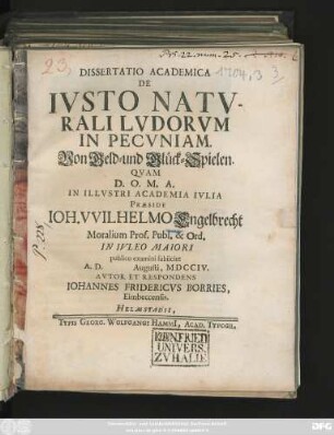 Dissertatio Academica De Ivsto Natvrali Lvdorvm In Pecvniam