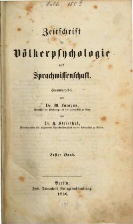 Zeitschrift für Völkerpsychologie und Sprachwissenschaft. 1, 1. 1860