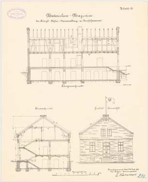 Hafengebäude, Danzig-Neufahrwasser: Materialenmagazin: Aufriss Giebelansicht, Längsschnitt, Querschnitt 1:100