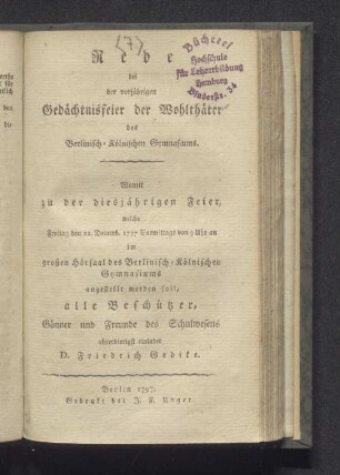 Freitag den 22. Decemb. ... im großen Hörsaal des Berlinisch-Kölnischen Gymnasiums ... D. Friedrich Gedike
