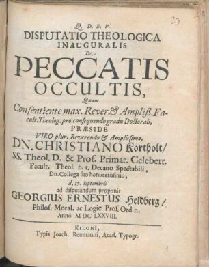 Disputatio Theologica Inauguralis De Peccatis Occultis