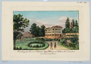 Die alte Königliche Villa (Palais) des Königs Friedrich August II. am Weinberg in Wachwitz bei Dresden, links das alte Gärtnerhaus, später Küchenhaus, rechts die neogotische Kapelle