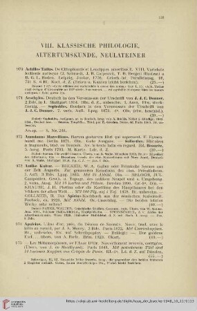VIII. Klassische Philologie, Altertumskunde, Neulateiner (Nr. 970- 1133)