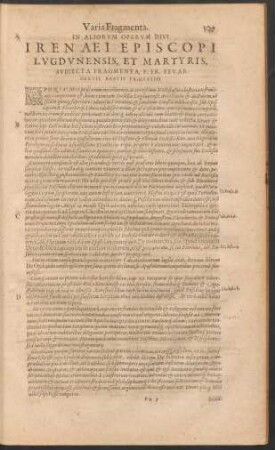 In Aliorum Operum Divi Irenaei Episcopi Lugdunensis, Et Martyris, Subiecta Fragmenta ...