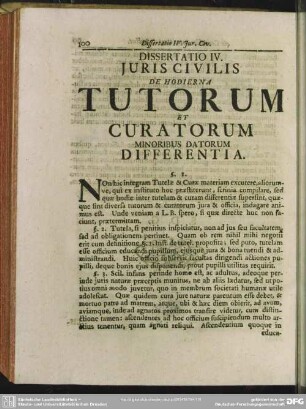 Dissertatio IV. Iuris Civilis De Hodierna Tutorum Et Curatorum Minoribus Datorum Differentia