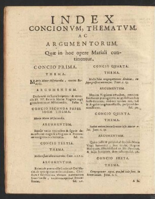 Index Concionum, Thematum, Ac Argumentorum, Quae in hoc opere Mariali continentur.
