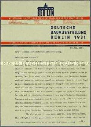 Schreiben des Ausstellungs-, Messe- und Fremdenverkehrsamtes der Stadt Berlin an die Künstlervereinigung "Die Abstrakten" zur Deutschen Bauausstellung, mit Kuvert - Sachkonvolut