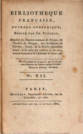Bibliothèque française : ouvrage périodique. 1. 1801, 12 = April