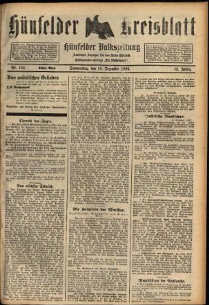 Erste Ausgabe vom Donnerstag, den 16. Dezember 1926.