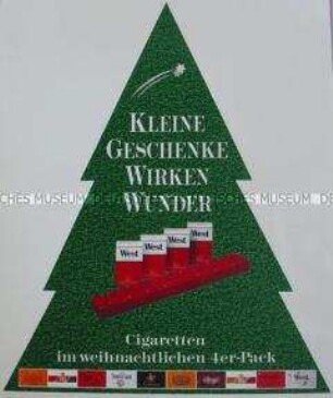 Werbeschild für "Peter Stuyvesant, John Players Special, R6, West, West Lights, Reval, Davidoff, R1, Roth-Händle und Ernte 23"-Zigaretten