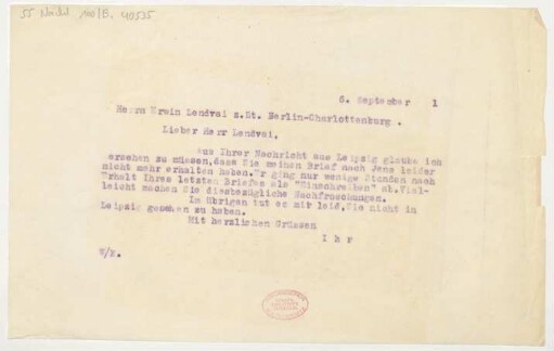 Brief an Erwin Lendvai : 06.09.1921