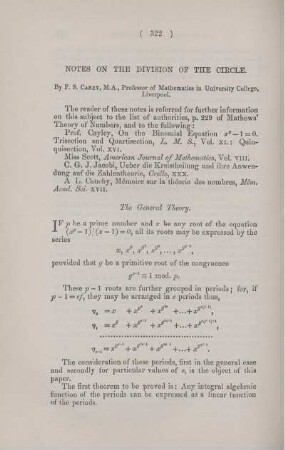 Notes on the division of the circle.