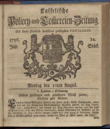 34. Stueck, Montag den 16ten August 1756