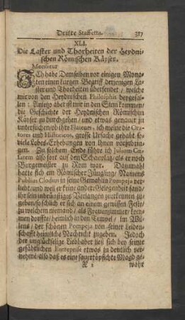 XLI. Die Laster und Thorheiten der Heydnischen Römischen Kayser.
