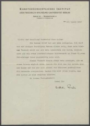 Brief von Wilhelm Pinder [Kunstgeschichtliches Institut, Berlin] an Georg Kolbe