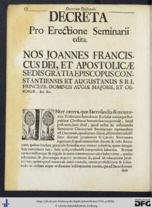 Decreta Pro Erectione Seminarii edita.