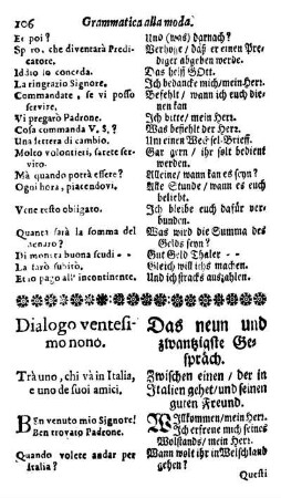 Dialogo ventesimo nono. Trà uno, chi và in Italia, e uno de suoi amici. / Das neun und zwanzigste Gespräch. Zwischen einen, der in Italien gehet, und seinen guten Freund.