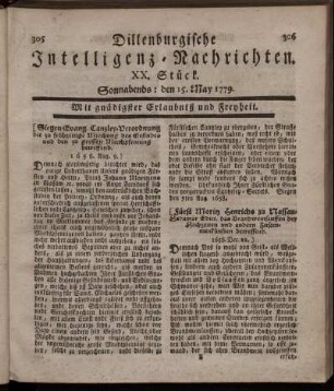 XX. Stück. Sonnabends: den 15. May 1779.