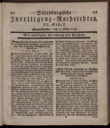 XX. Stück. Sonnabends: den 15. May 1779.