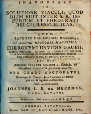 Specimen iuris publ. inaug. de solutione vinculi, quod olim fuit inter S. R. Imperium et Foed. Belgii respublicas