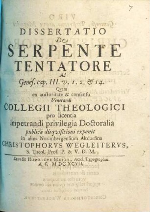 Dissertatio De Serpente Tentatore Ad Genes. cap. III. v. 1. 2 et 14