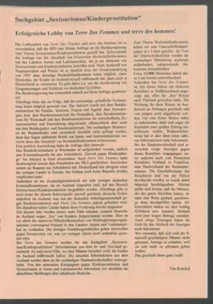 Erfolgreiche Lobby von Terre Des Femmes und terre des hommes! : Sachgebiet "Sextourismus/Kinderprostitution"