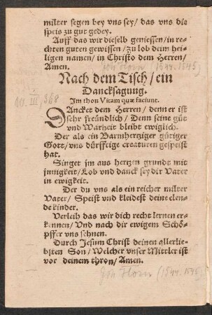 Nach dem Tisch/ ein || Dancksagung. || Jm thon Vitam quae faciunt.||