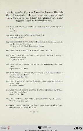 Glas, Porzellan, Fayencen, Zinngeräte, Bronzen, Elfenbein, Silber, Kunstmobiliar (darunter I Aubusson-Salongarnitur), Luster, Standuhren, ein Klavier (Fa. Bösendorfer), Perserteppiche, Textilien, Kupferstiche usw. (Nr. 801-965)