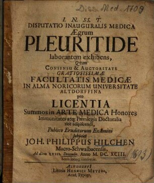 Disputatio Inauguralis Medica Aegrum Pleuritide laborantem exhibens