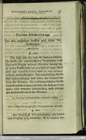 Dritte Abtheilung. Von den einfachen Stoffen und ihren Verbindungen