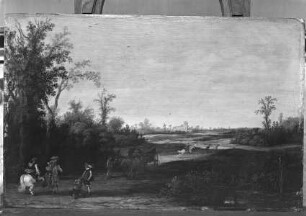 Flachlandschaft mit Reitern und Wagen