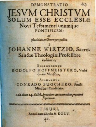 Demonstratio Jesum Christum solum esse ecclesiae Novi Testamenti unumque pontificem