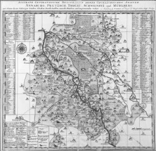 Accurate Geographische Delineation derer Chursächsichen Ämmter Annaburg, Pretzsch, Torgau, Schweinitz und Mühlberg.... : Accurate Geographische Delineation derer Chursächsichen Ämmter Annaburg, Pretzsch, Torgau, Schweinitz und Mühlberg....Karte ca. 1:120000. Stich, koloriert; 536 x 557 mm (um 1757; P. Schenk). Dresden: SLUB Tab.geogr.B.Sax.A.1441 (A 13717)
