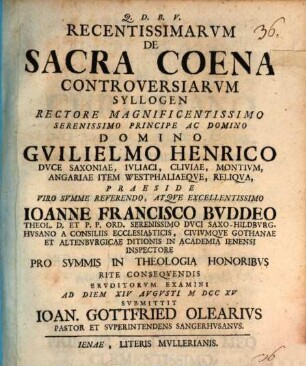 Recentissimarvm De Sacra Coena Controversiarvm Syllogen