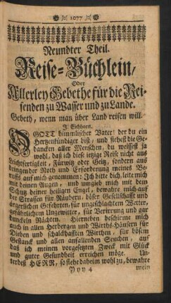 Neundter Theil. Reise-Büchlein,Oder Allerley Gebethe für die Reisenden zu Wasser und zu Lande